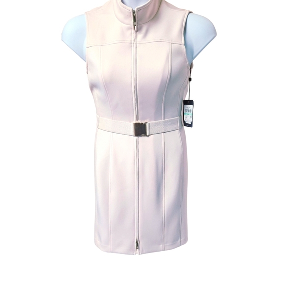 TOMMY HILFIGER Powder Pink Mock Neck Zip Front Scuba Sheath Dress Size 8P - Picture 2 of 16